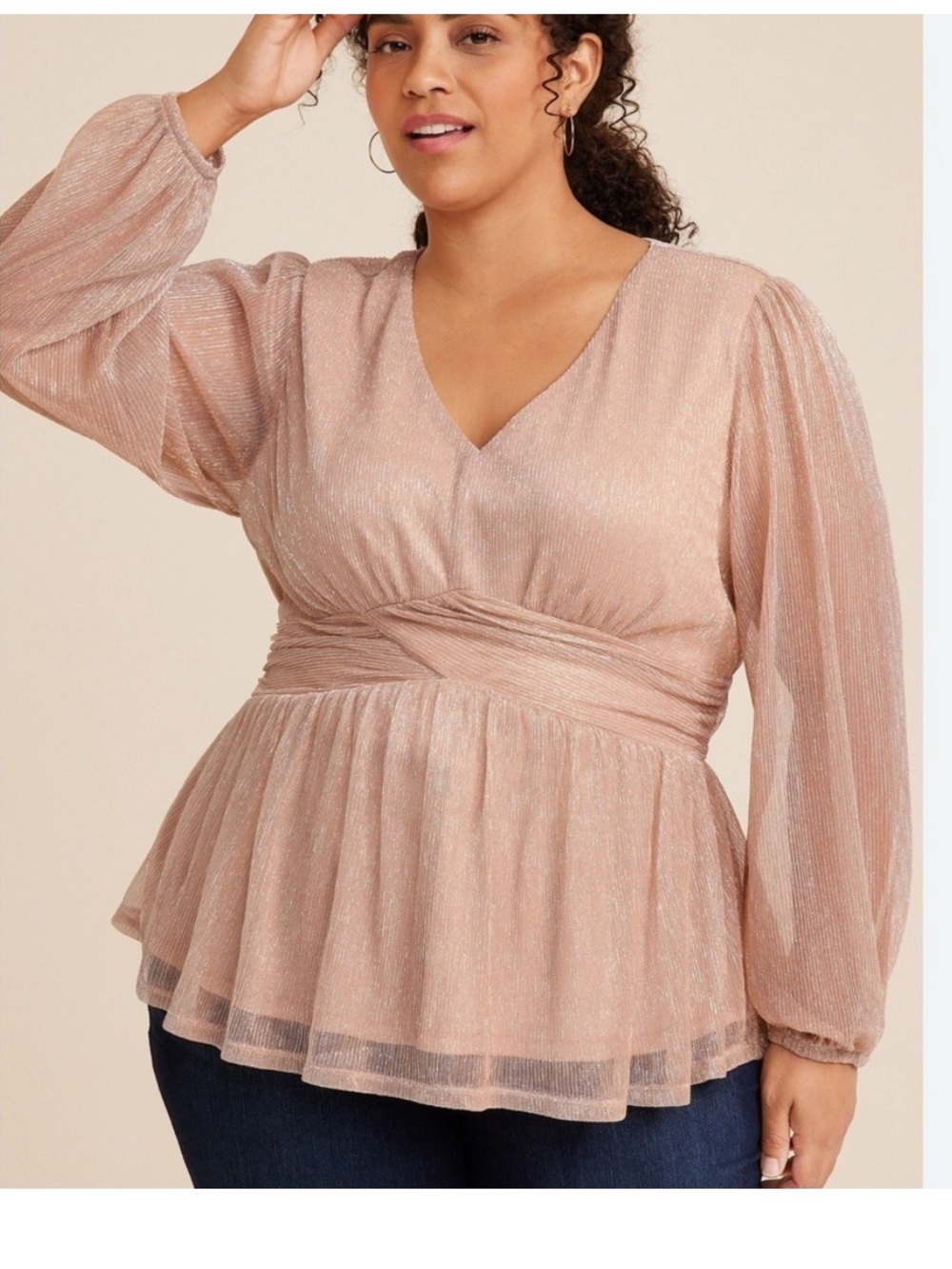 Maurices Women's Blouse Top 2X Lurex Peplum Champagne V-neck Shimmer Party